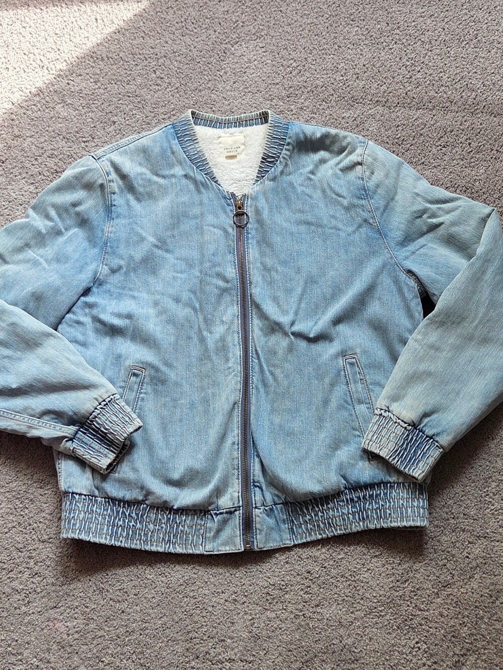 American Eagle Women's Sherpa Lined Light Denim Bomber Jacket, Size L Y2K Grunge